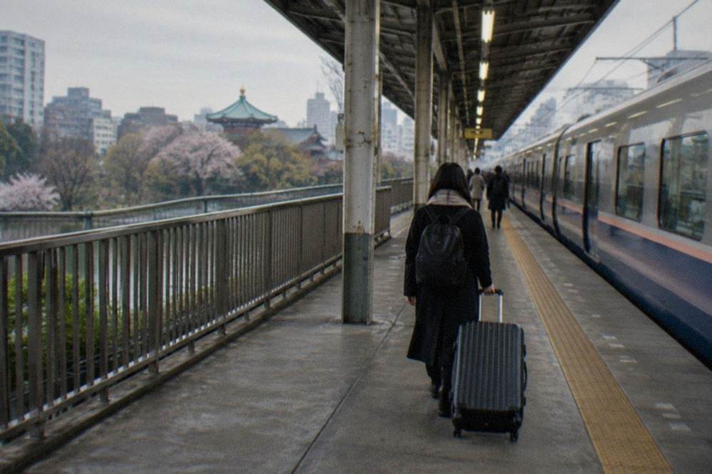 A traveller wheeling a large suitcase along a station platform toward an express train