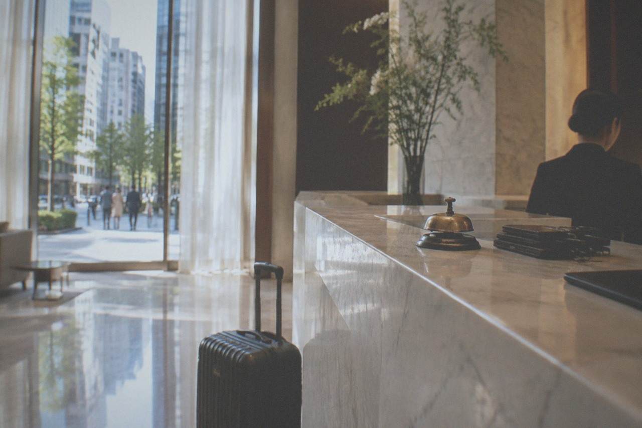 A hotel front desk counter with a suitcase parked beside it in a bright Tokyo lobby