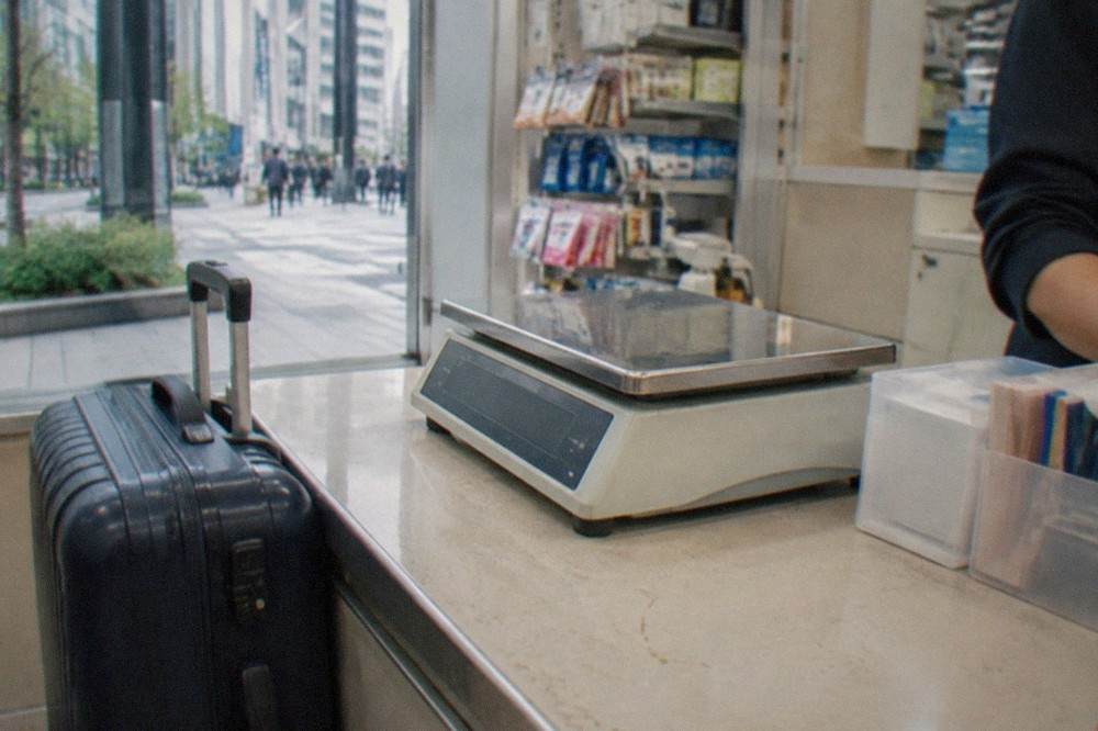 A convenience store counter in Tokyo with a suitcase being weighed next to a parcel scale