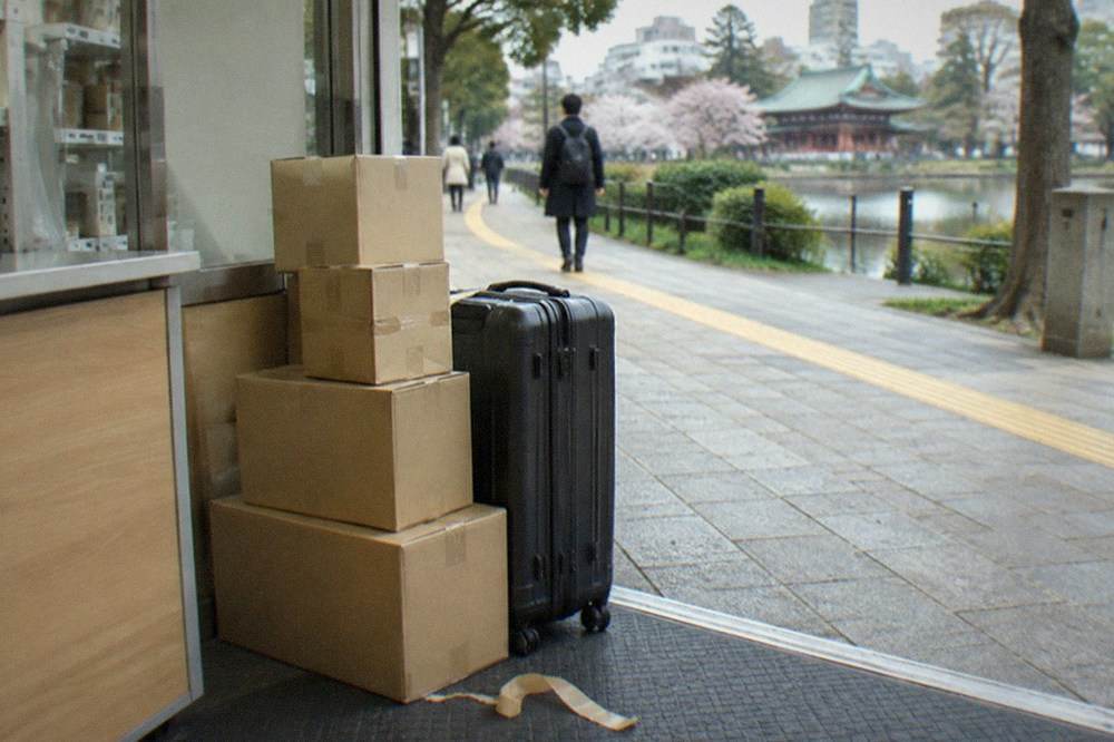 A stack of cardboard shipping boxes and a suitcase beside a convenience store parcel counter