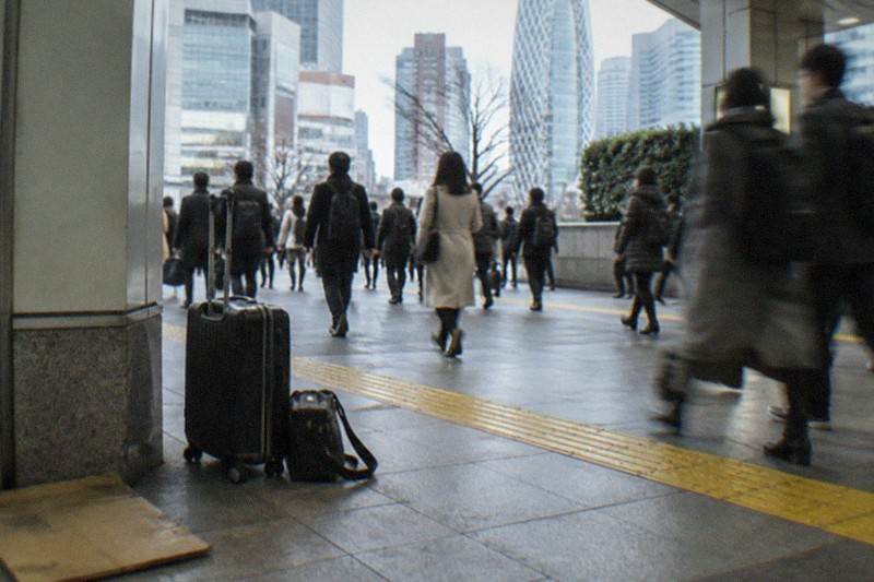 A wheeled suitcase and a smaller shoulder bag set down on the ground at the concourse of a major Tokyo railway station, near the exits where the shops and counters that take bags are found.