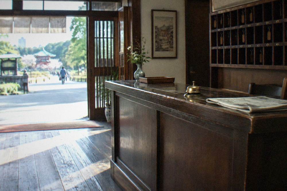 A hotel front desk with a key rack and brass bell in a small Tokyo lobby.