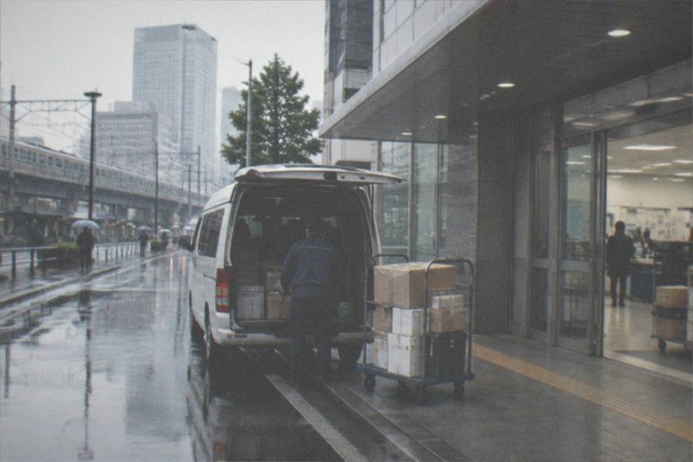 A courier van parked at a Tokyo station delivery counter with parcels being loaded