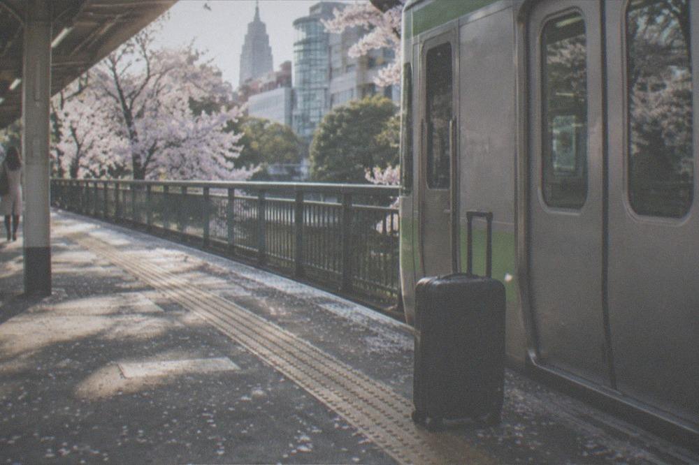A suitcase waiting beside a train door on a Tokyo station platform