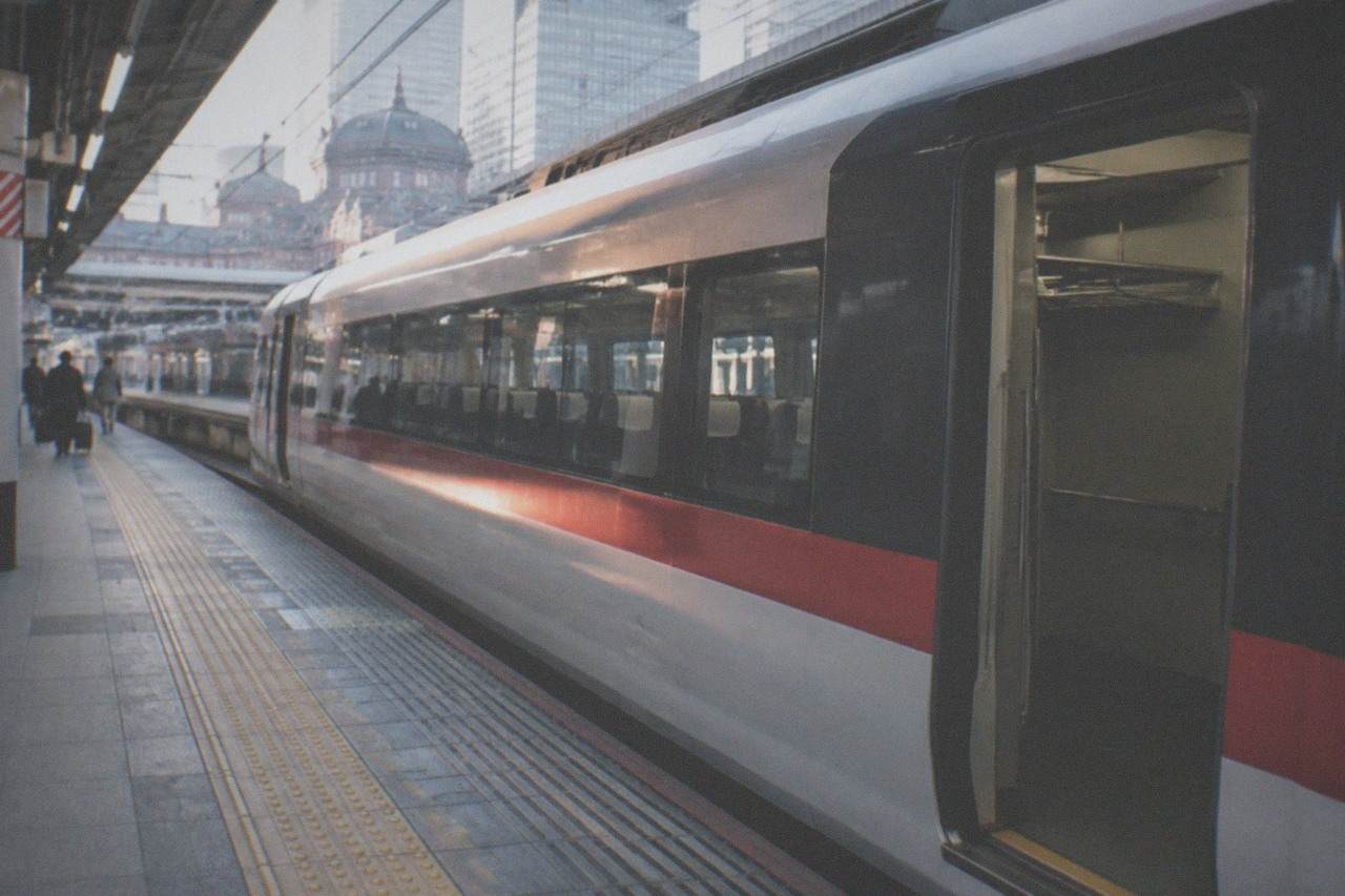 A reserved-seat airport train standing at a Narita station platform beside a row of luggage racks