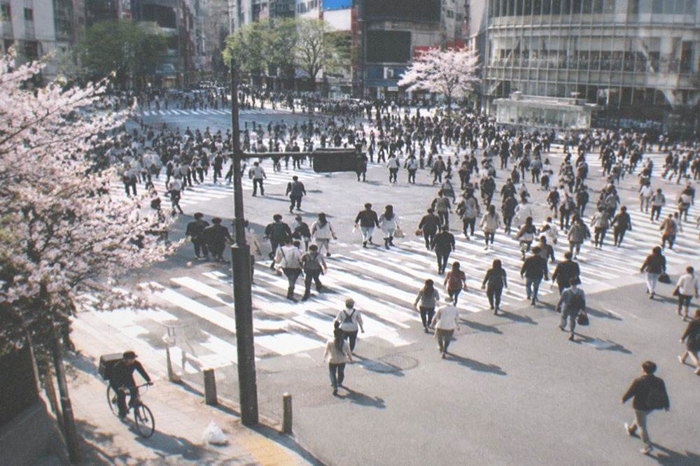 The Shibuya scramble crossing surrounded by video billboards and a crowd