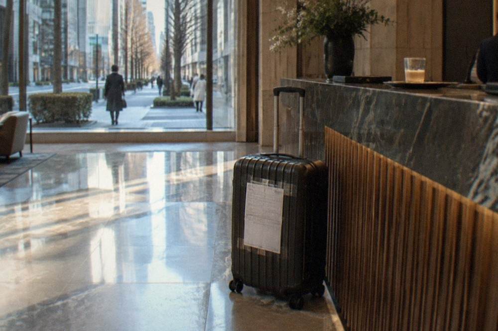 A suitcase with a paper shipping label taped to its shell standing beside a hotel front desk counter.