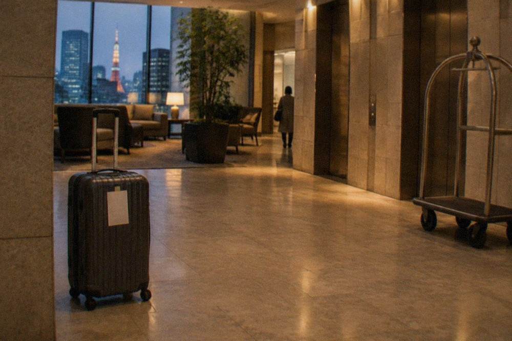 A suitcase with a paper shipping label attached sitting in a hotel lobby