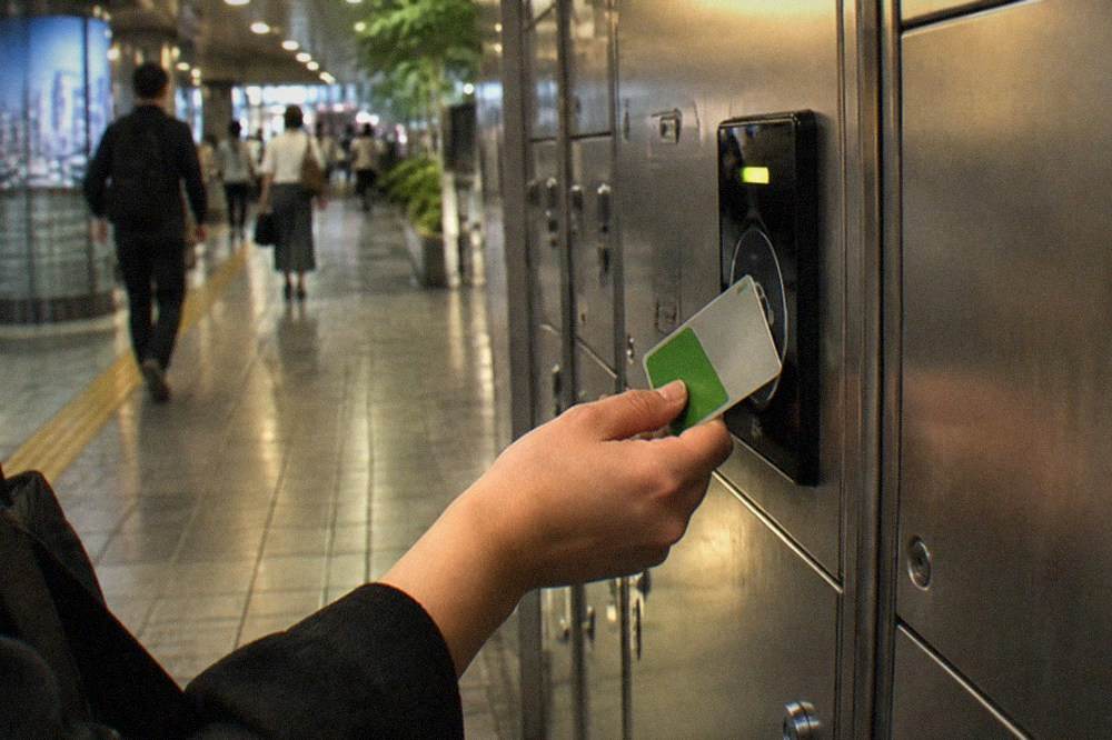 A hand holding a transit IC card near the reader panel of a coin locker in a station passage