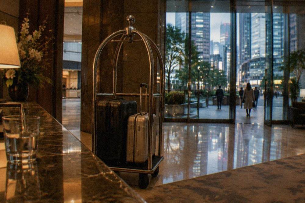 A hotel lobby in Tokyo with a reception counter and a luggage cart holding suitcases