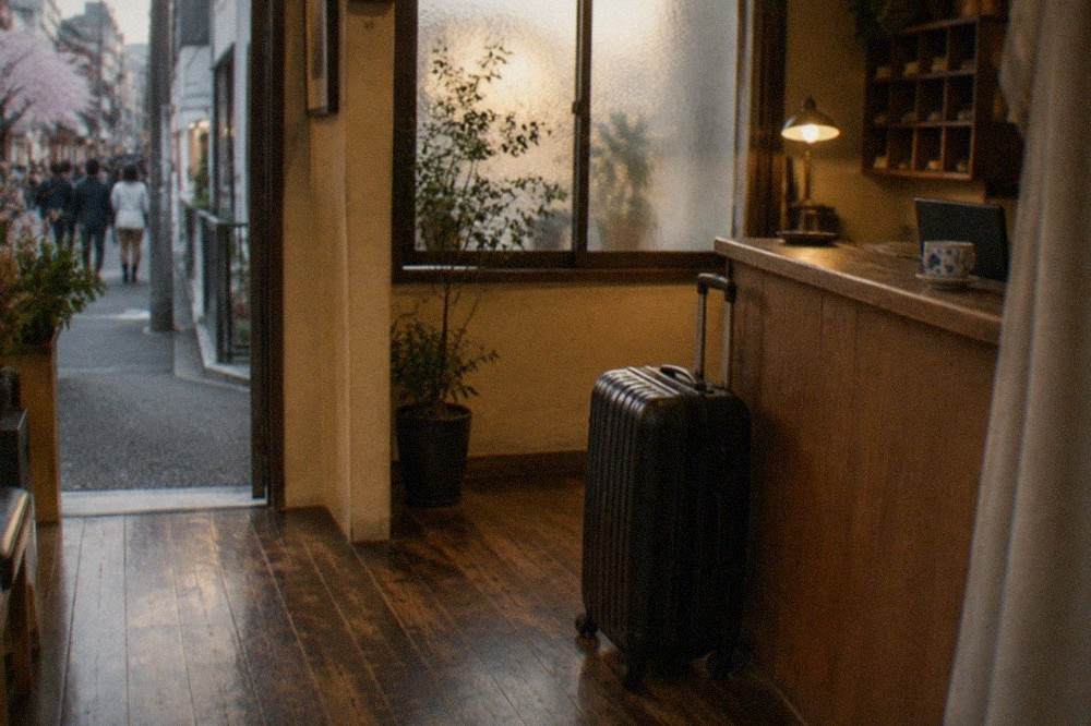 A suitcase standing beside a hotel reception counter in a small Tokyo lobby