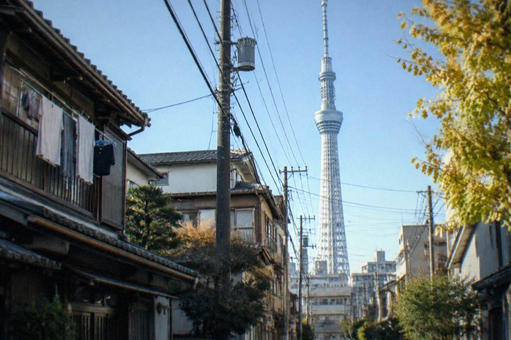 A modern observation tower rising over a low-rise commercial district on a clear day